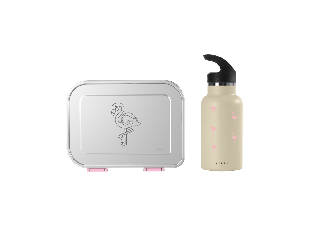 Milru Animal Friends Lunch Set - Fancy Flamingo - Bento Box + Kids Bottle